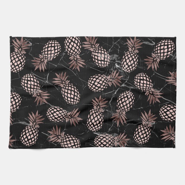 elegant modern black marble rose gold pineapple kitchen towel (Horizontal)