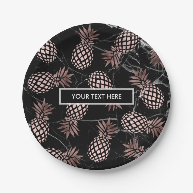 elegant modern black marble rose gold pineapple paper plates (Front)