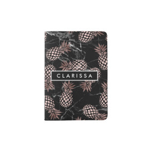 elegant modern black marble rose gold pineapple passport holder