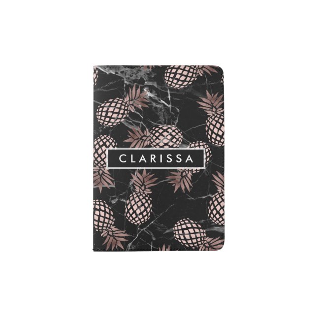 elegant modern black marble rose gold pineapple passport holder (Front)