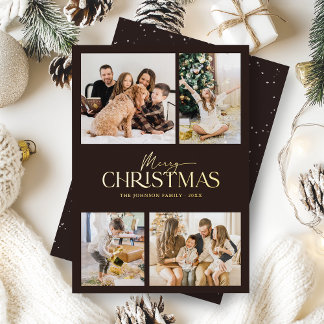 Elegant Modern Black Merry Christmas Photo Gold Foil Holiday Card