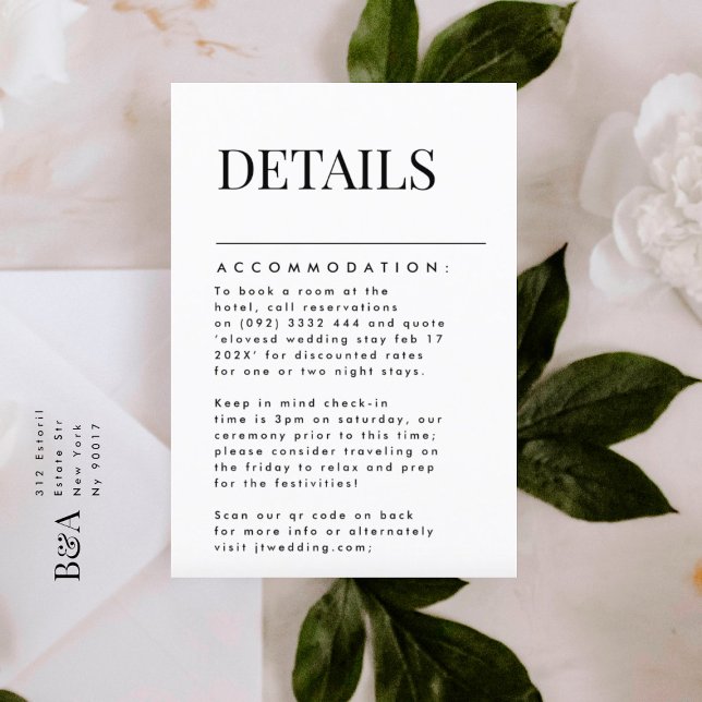 Elegant Modern Black Names Accommodation Details RSVP Card (DETAILS showcasing suite - additional items (bought separately))