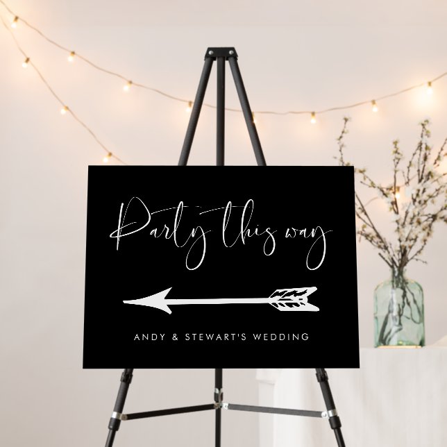 Elegant & Modern Black Party this way Wedding Sign (In Situ (Stand))