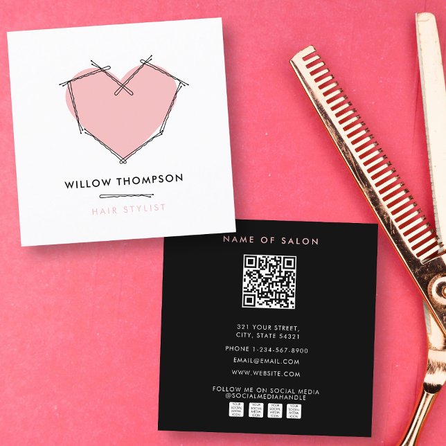 Elegant Modern Black Pink Bobby Pins Hair  Square Business Card (Elegant Modern Black Pink Bobby Pins Hair Square Business Card)