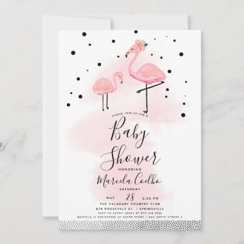 Elegant Modern Black  Pink Flamingo Baby Shower Invitation
