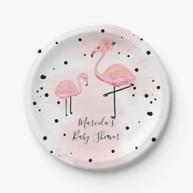 Elegant Modern Black & Pink Flamingo Baby Shower Paper Plates (Front)