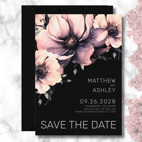 Elegant Modern Black Pink Floral Wedding Save The Date