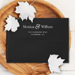 Elegant modern black pre addressed wedding envelope<br><div class="desc">Created to match our "Black and White Graphic Leafage Wedding", this pre-addressed envelope features the bride and groom's names and return address in an elegant white font over a plain black background. The inside of the envelope features an abstract black and white leafage illustration. These envelopes can be used for...</div>