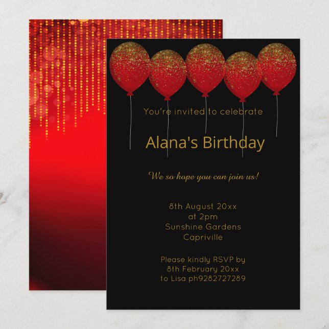 ELEGANT MODERN BLACK RED GOLD SPARKLE ALL OCCASION INVITATION (Front/Back)