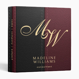 Elegant Modern Black Red Leather Print Monogram 3 Ring Binder
