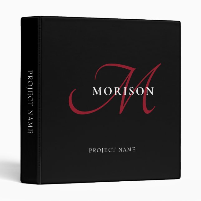 Elegant Modern Black Red Script Monogram 3 Ring Binder (Front/Spine)