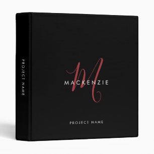 Elegant Modern Black Red Script Monogram 3 Ring Binder