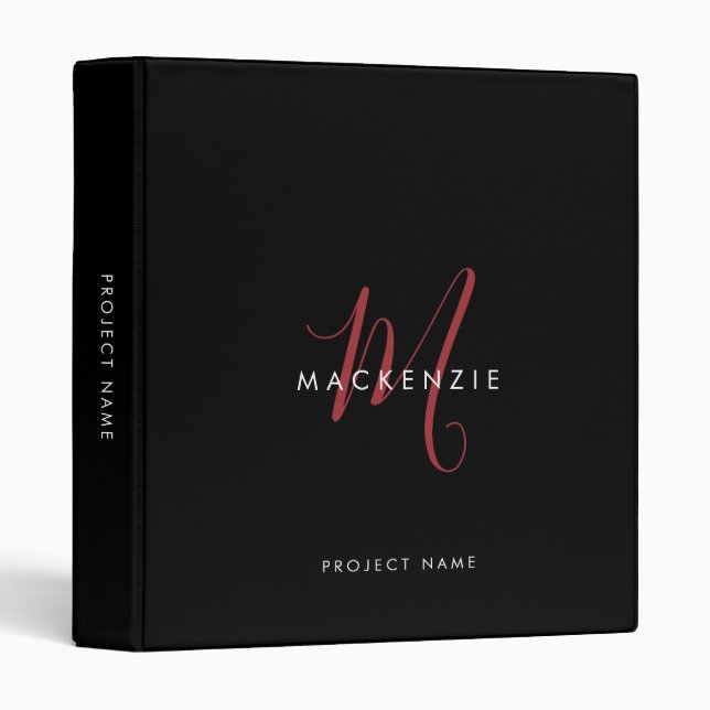 Elegant Modern Black Red Script Monogram 3 Ring Binder (Front/Spine)