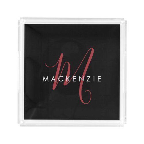 Elegant Modern Black Red Script Monogram Acrylic Tray