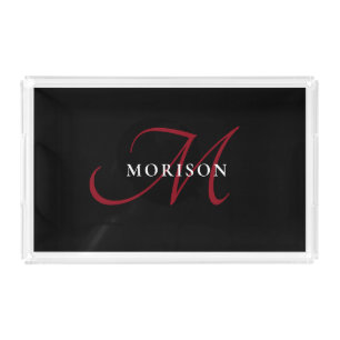Elegant Modern Black Red Script Monogram Acrylic Tray