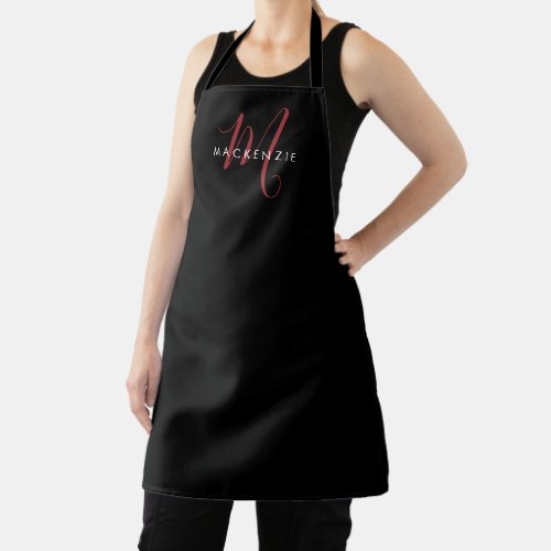 Elegant Modern Black Red Script Monogram Apron