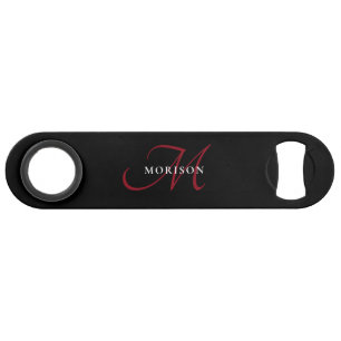 Elegant Modern Black Red Script Monogram Bar Key