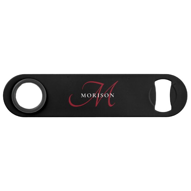 Elegant Modern Black Red Script Monogram Bar Key (Front (Horizontal))