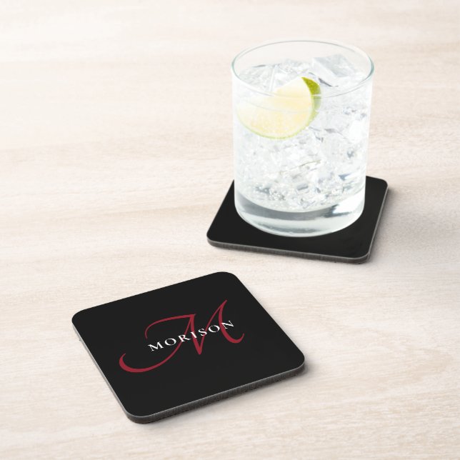 Elegant Modern Black Red Script Monogram Beverage Coaster (Right Side)