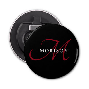 Elegant Modern Black Red Script Monogram Bottle Opener