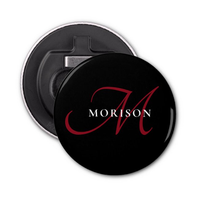 Elegant Modern Black Red Script Monogram Bottle Opener (Front)