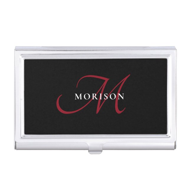 Elegant Modern Black Red Script Monogram Business Card Case (Front)
