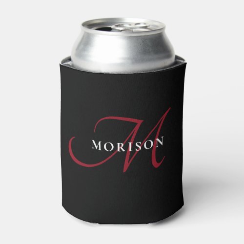 Elegant Modern Black Red Script Monogram Can Cooler