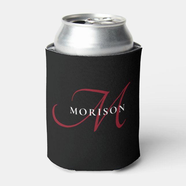 Elegant Modern Black Red Script Monogram Can Cooler (Can Front)