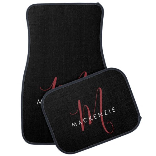 Elegant Modern Black Red Script Monogram Car Floor Mat