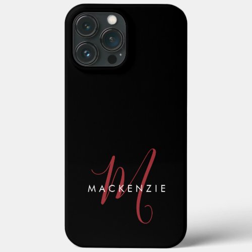 Elegant Modern Black Red Script Monogram iPhone 13 Pro Max Case