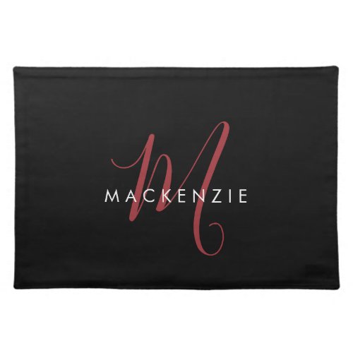 Elegant Modern Black Red Script Monogram Cloth Placemat