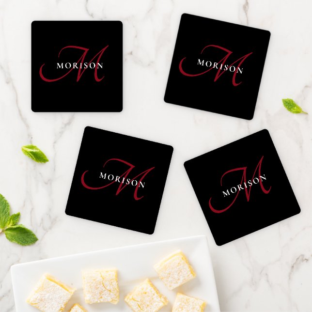 Elegant Modern Black Red Script Monogram Coaster Set (In Situ)