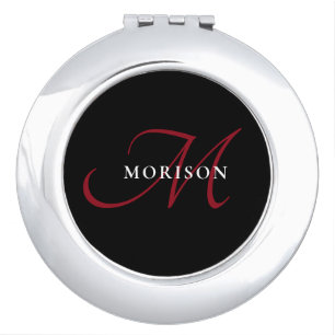 Elegant Modern Black Red Script Monogram Compact Mirror