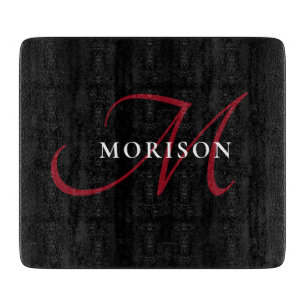 Elegant Modern Black Red Script Monogram Cutting Board