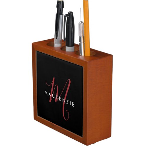 Elegant Modern Black Red Script Monogram Desk Organizer