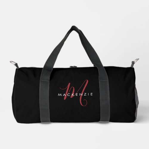 Elegant Modern Black Red Script Monogram Duffle Bag