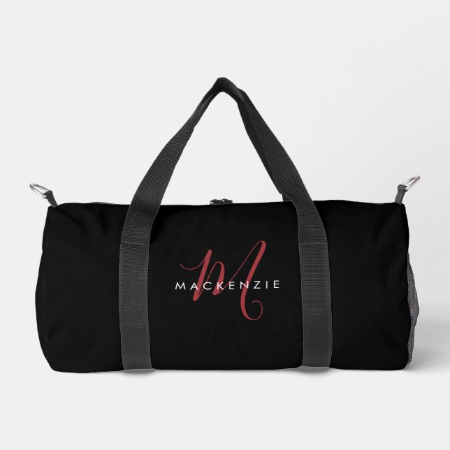 Elegant Modern Black Red Script Monogram Duffle Bag (Front)