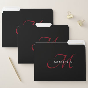 Elegant Modern Black Red Script Monogram File Folder