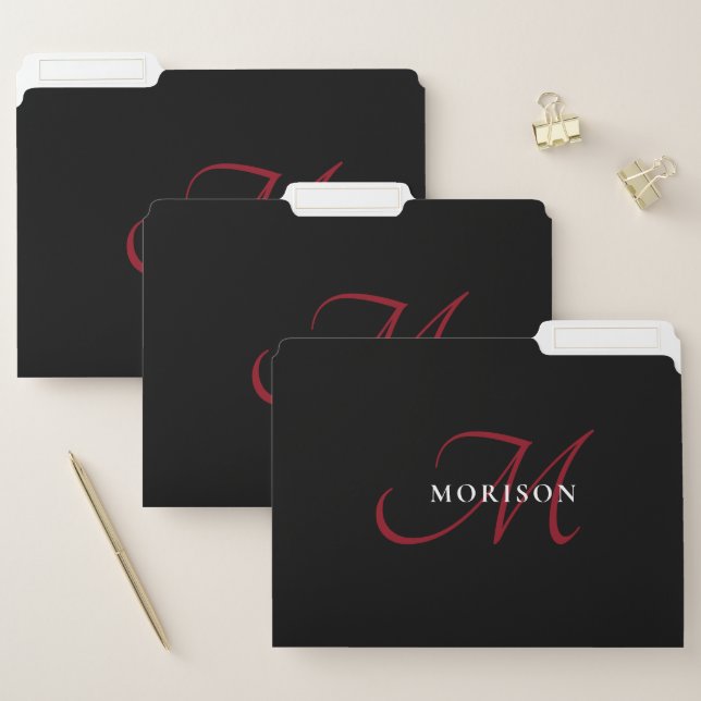 Elegant Modern Black Red Script Monogram File Folder (Set)