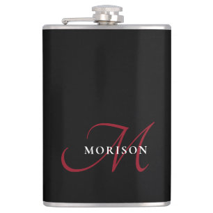 Elegant Modern Black Red Script Monogram Flask