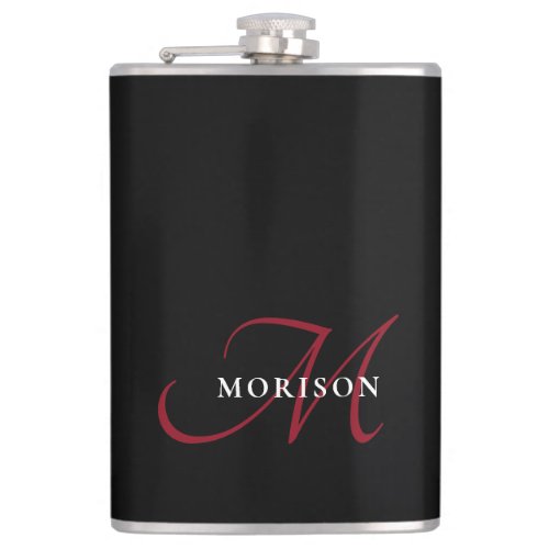 Elegant Modern Black Red Script Monogram Flask