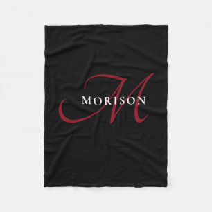 Elegant Modern Black Red Script Monogram Fleece Blanket