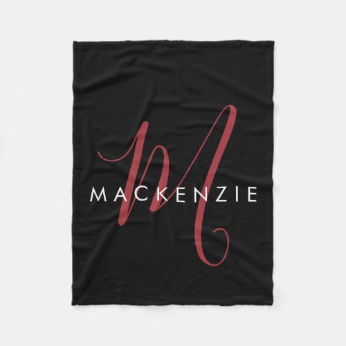 Elegant Modern Black Red Script Monogram Fleece Blanket