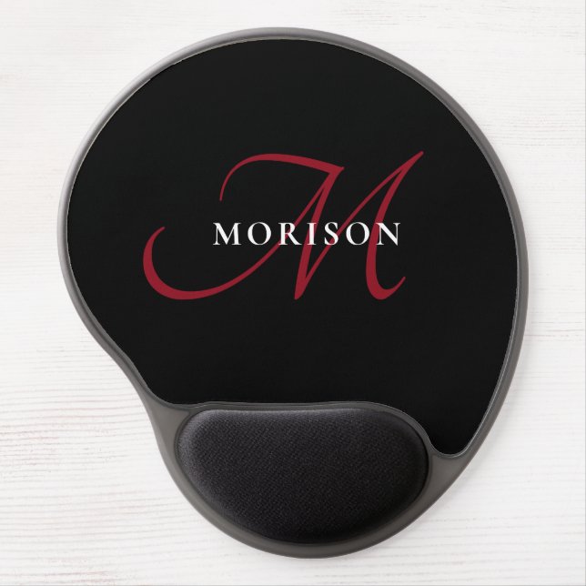 Elegant Modern Black Red Script Monogram Gel Mouse Pad (Front)