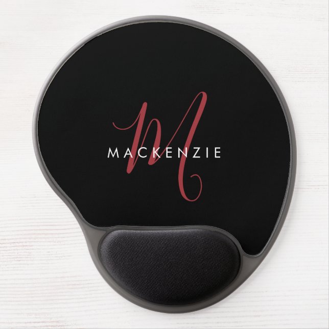 Elegant Modern Black Red Script Monogram Gel Mouse Pad (Front)