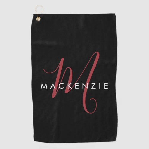 Elegant Modern Black Red Script Monogram Golf Towel