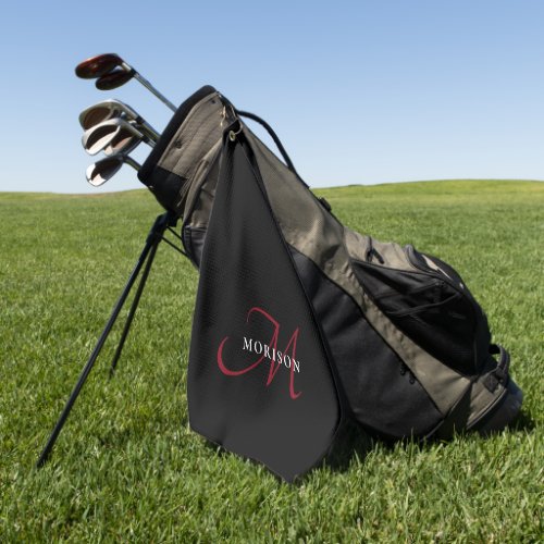 Elegant Modern Black Red Script Monogram Golf Towel