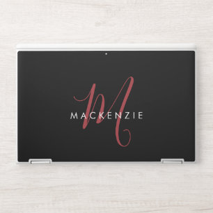 Elegant Modern Black Red Script Monogram HP Laptop Skin
