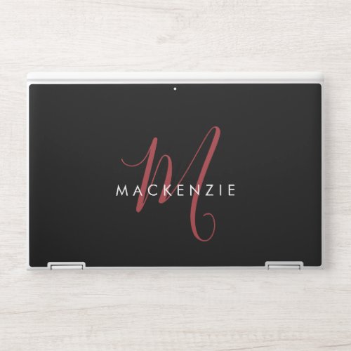 Elegant Modern Black Red Script Monogram HP Laptop Skin