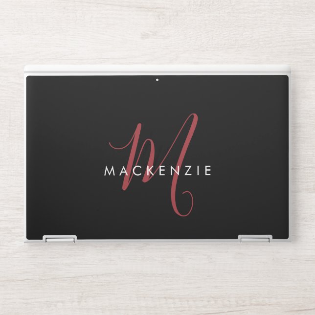 Elegant Modern Black Red Script Monogram HP Laptop Skin (Front)